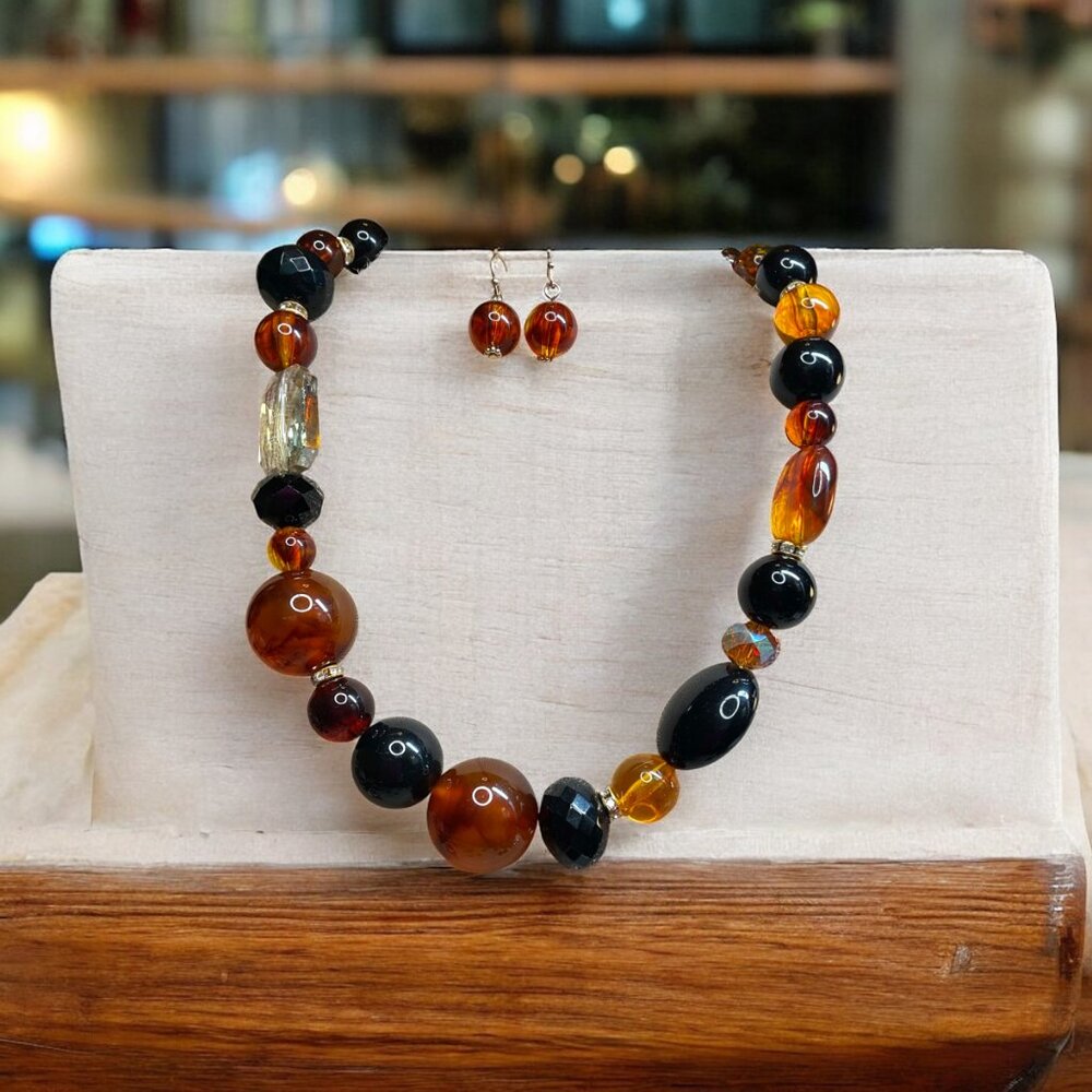 Black and amber beaded necklace